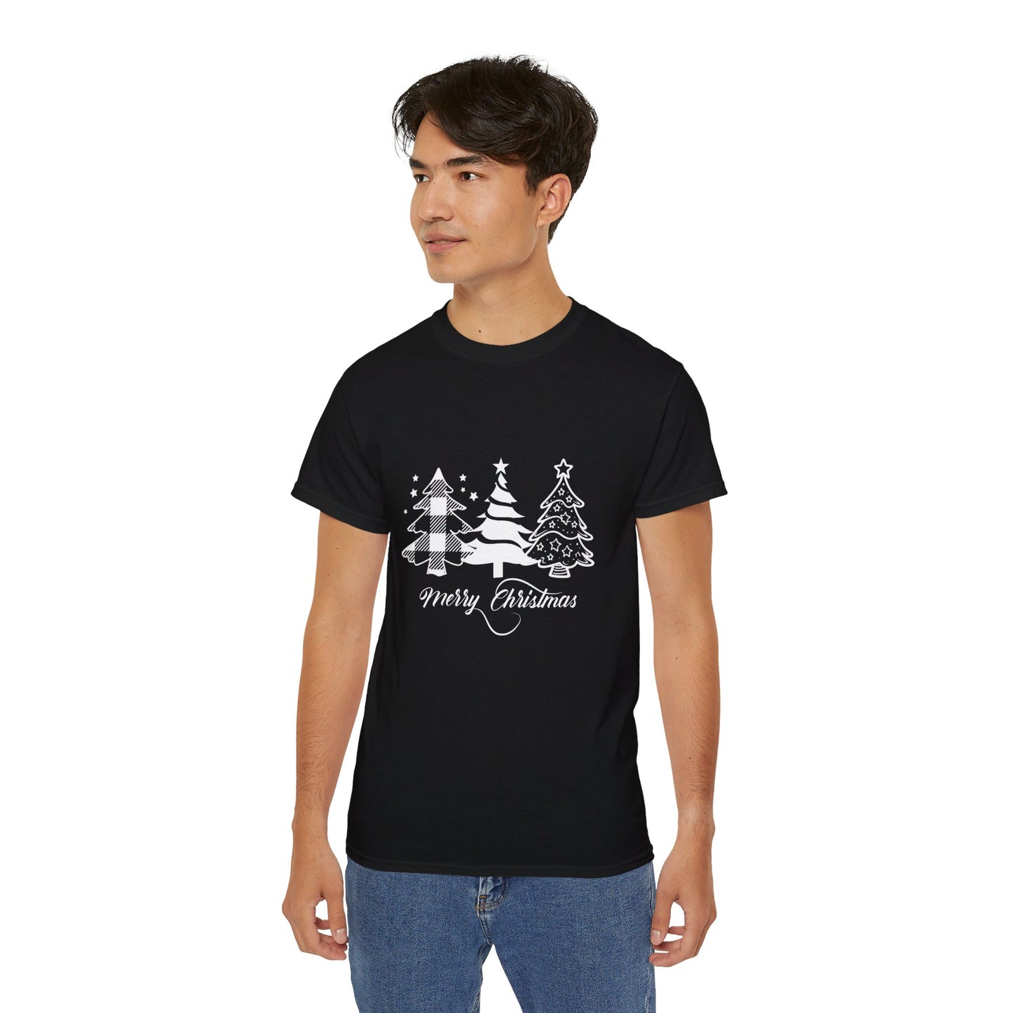 Festive Christmas Tree Print T-shirt - Relaxed Fit, T-Shirt, Crew Neck, Soft Top - Unisex Casual Holiday Wear for Christmas Parties and Daily Use.