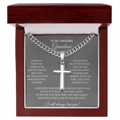 To My Amazing Grandson / Love You Forever / Cuban Chain with Artisan Cross Necklace