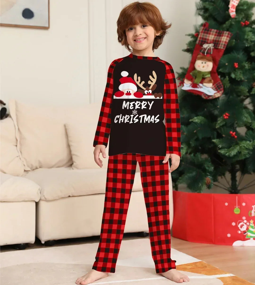 Merry Christmas Reindeer Black and Red Plaid Family Pajama Sets