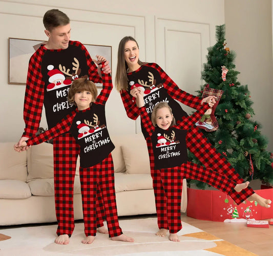 Merry Christmas Reindeer Black and Red Plaid Family Pajama Sets