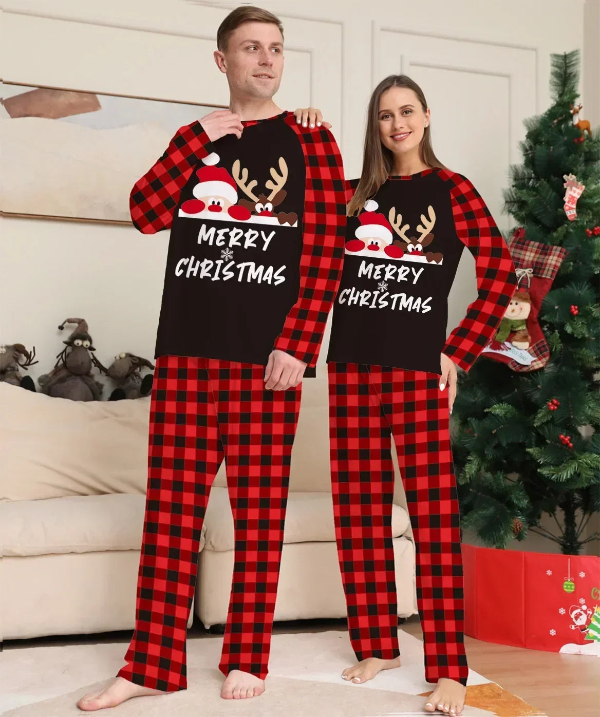 Merry Christmas Reindeer Black and Red Plaid Family Pajama Sets