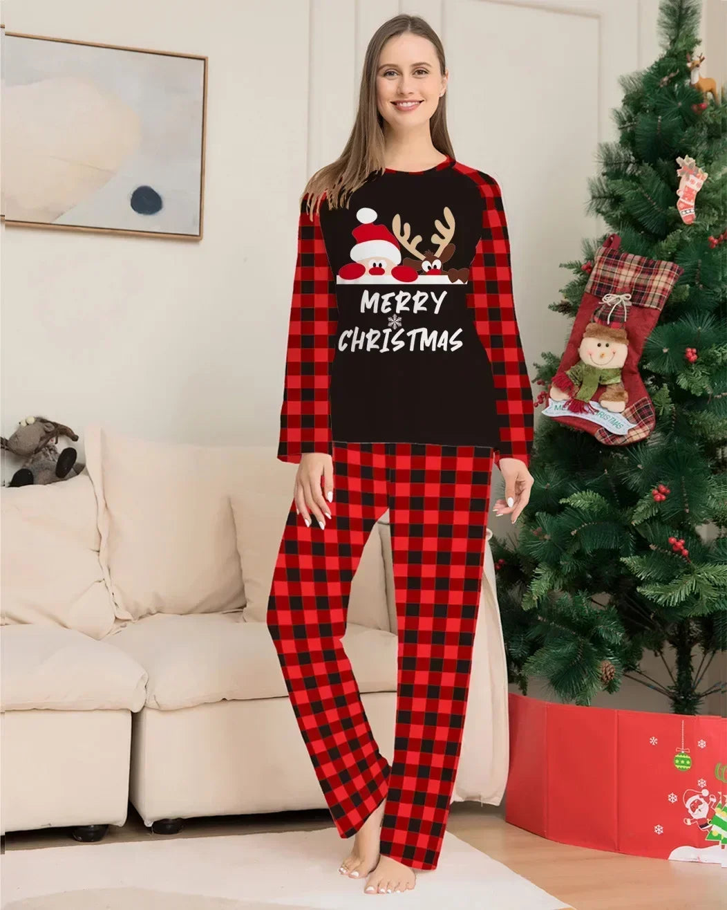 Merry Christmas Reindeer Black and Red Plaid Family Pajama Sets