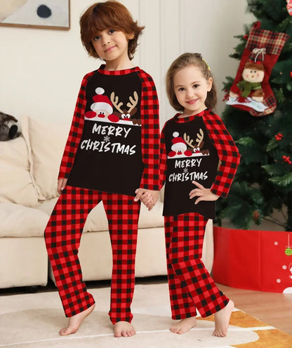 Merry Christmas Reindeer Black and Red Plaid Family Pajama Sets